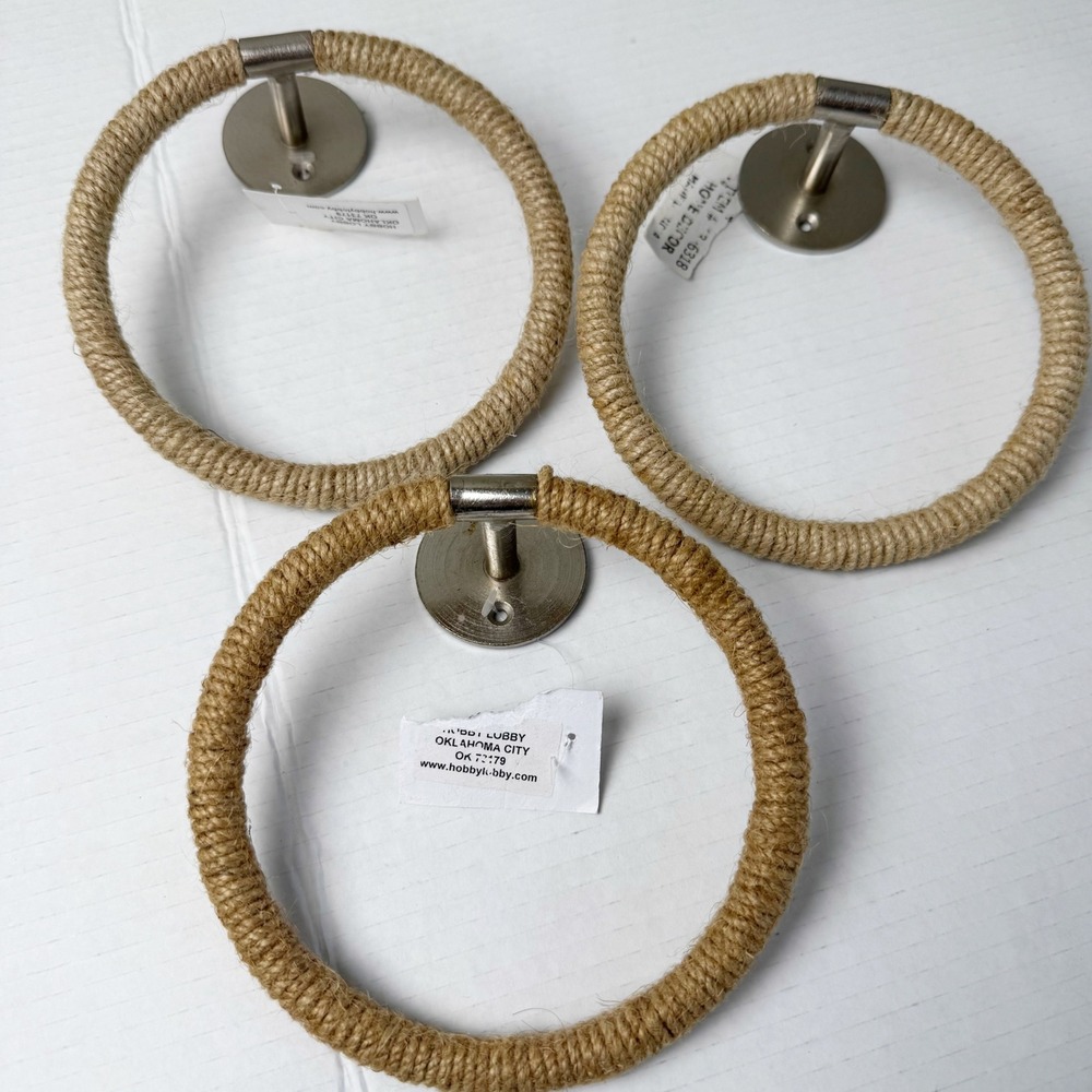 New Hobby Lobby Jute Rope Towel Rings Set of 3 Nautical Coastal Silver Mounting